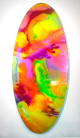 John Monti - Mirror Pour Ellipse 9 (yellow-pink), 2014, Pigmented urethane rubber on glass mirror, 55 h x 23.5 w x .75 d inches